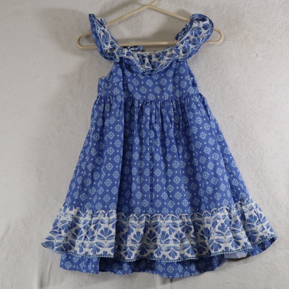 Sigrid Olsen Kids Dress Girls 8 Blue White Floral Sleeveless Ruffle Sundress